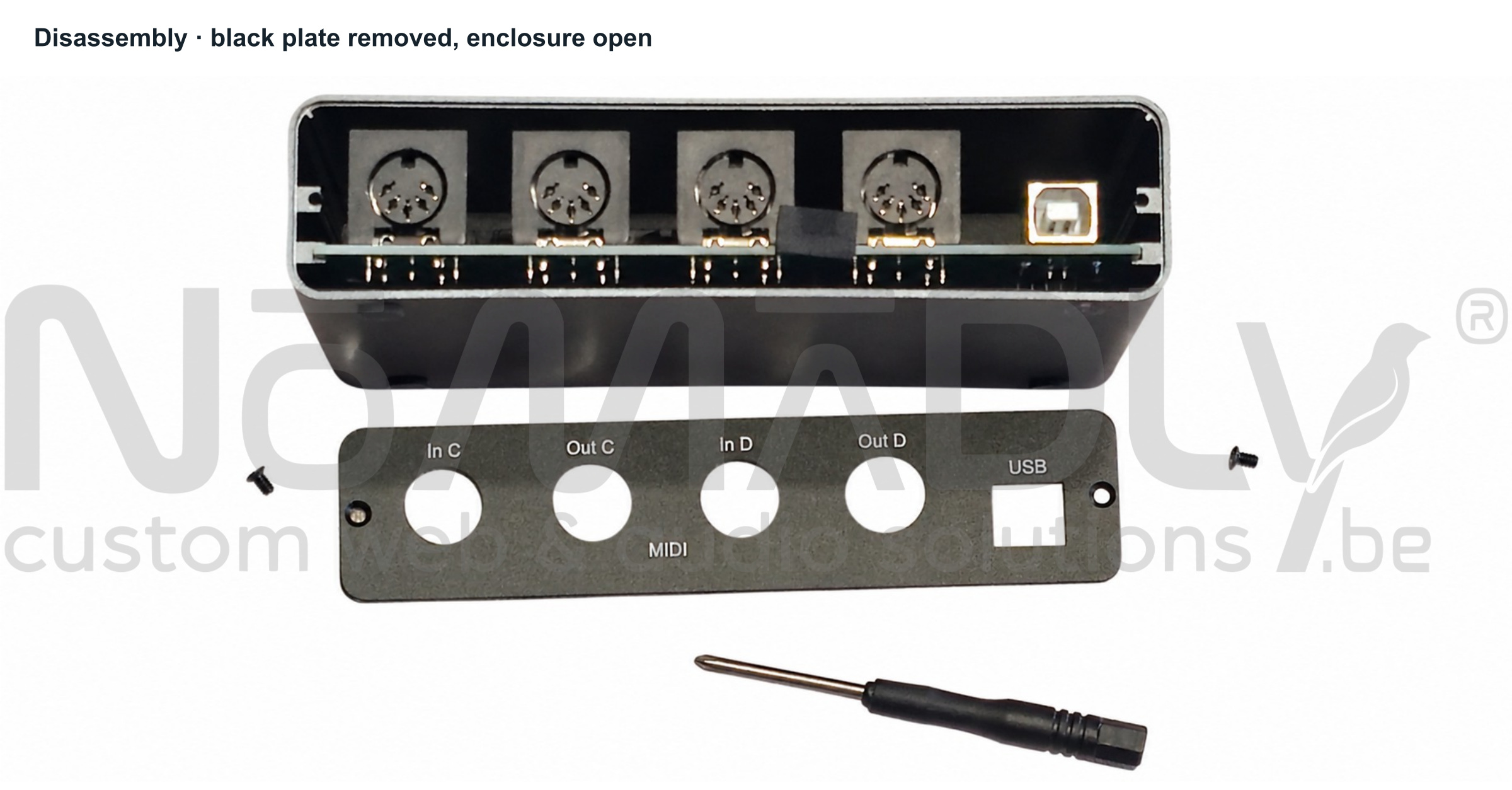 Open enclosure, black plate and two screws removed