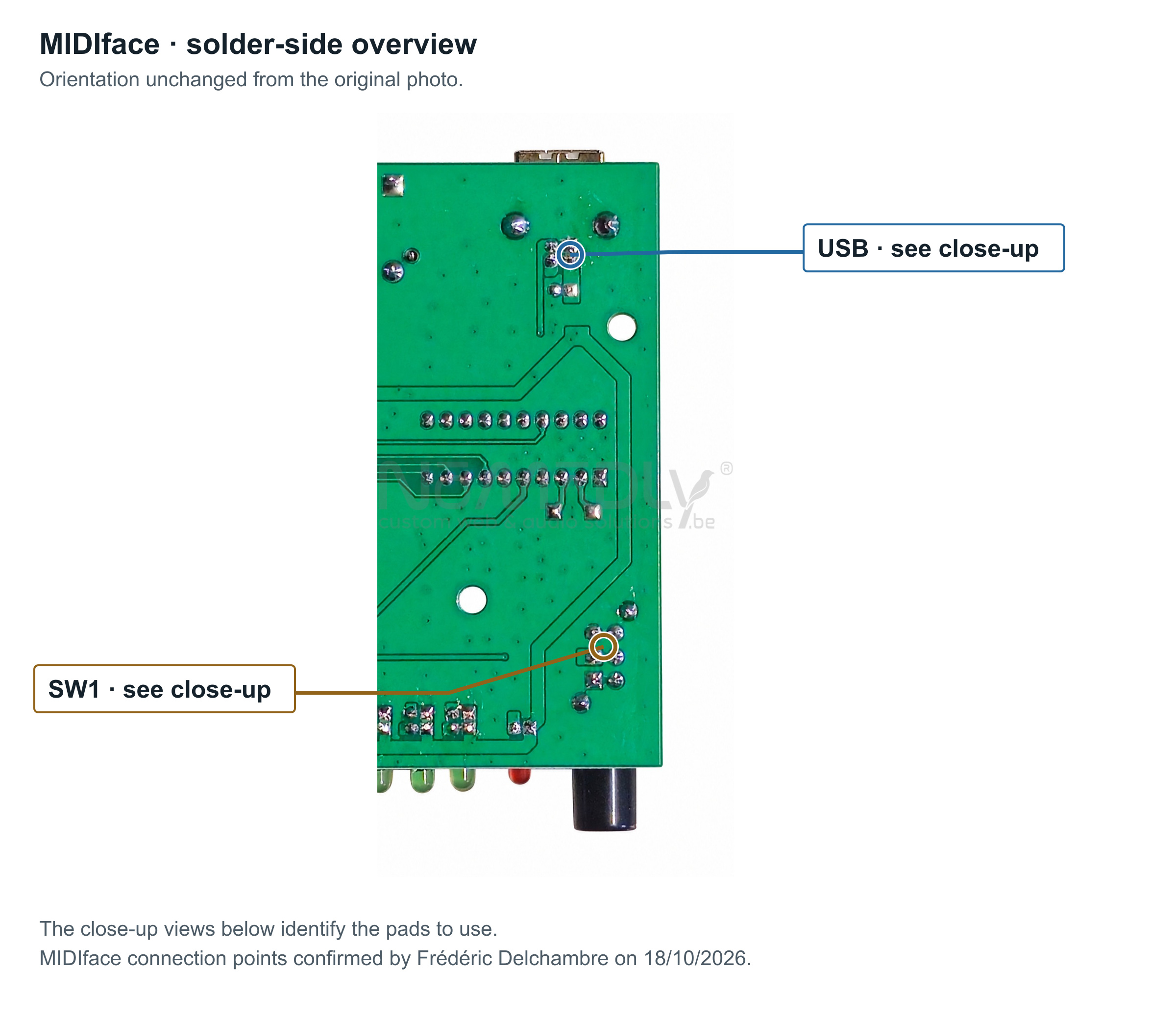 MIDIface board, solder side, showing USB and SW1 areas