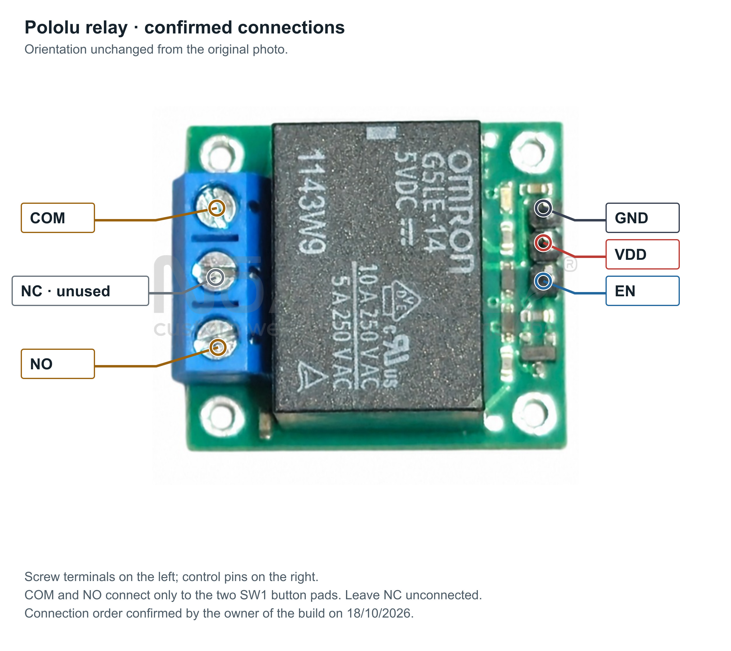 Relay: COM, NC, NO on the left; GND, VDD, EN on the right